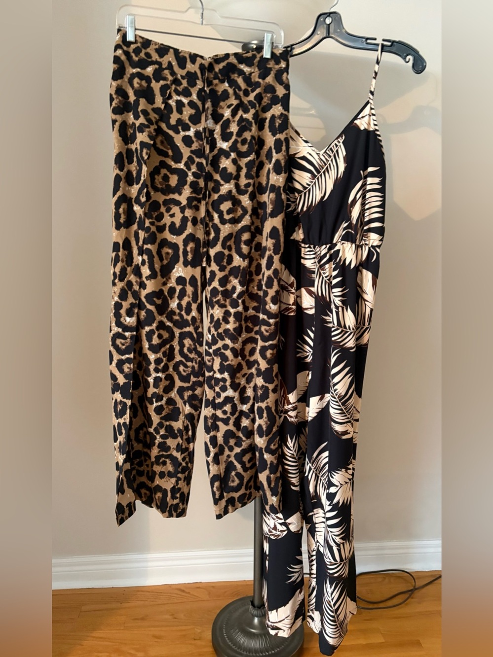 SHEIN Black & Tan Leopard Print Wide Leg Pants & SHEIN Palm Print Jumpsuit